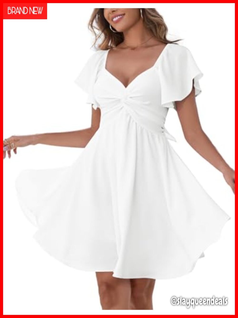 Florboom Sweetheart Knot Front Flutter Sleeve Tie Back Chiffon A-Line Mini Dress